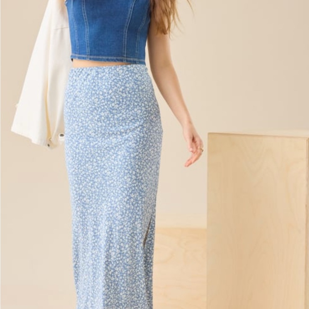 Amora Blue Floral Midi Skirt by Alter’d State